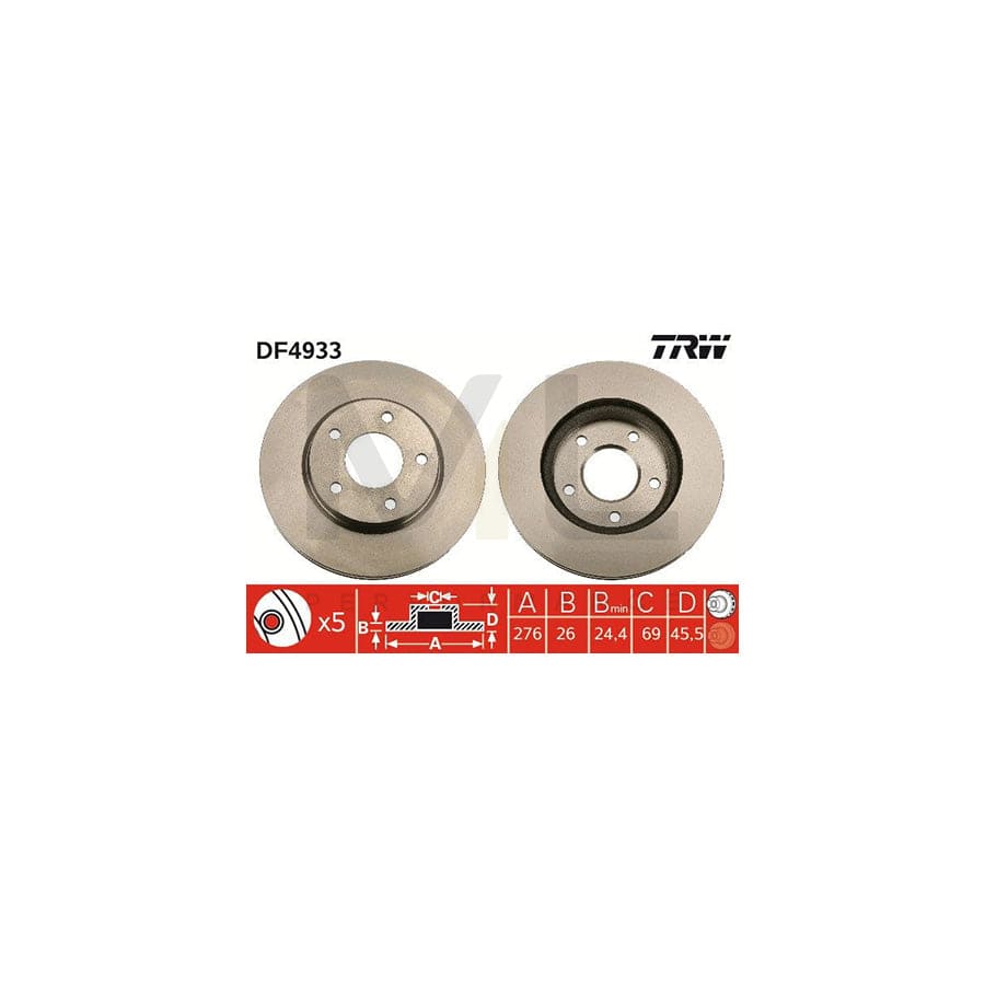 TRW DF4933 Brake Disc Vented, Painted  - 1 piece