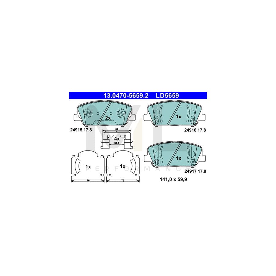 ATE 13.0470-5659.2 Brake pad set with acoustic wear warning, with anti-squeak plate, with accessories