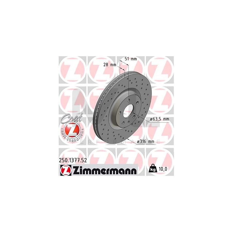 ZIMMERMANN SPORT COAT Z 250.1377.52 Brake Disc for FORD Mondeo Mk5 Estate (CF) Internally Vented, Perforated, Coated  - 1 piece