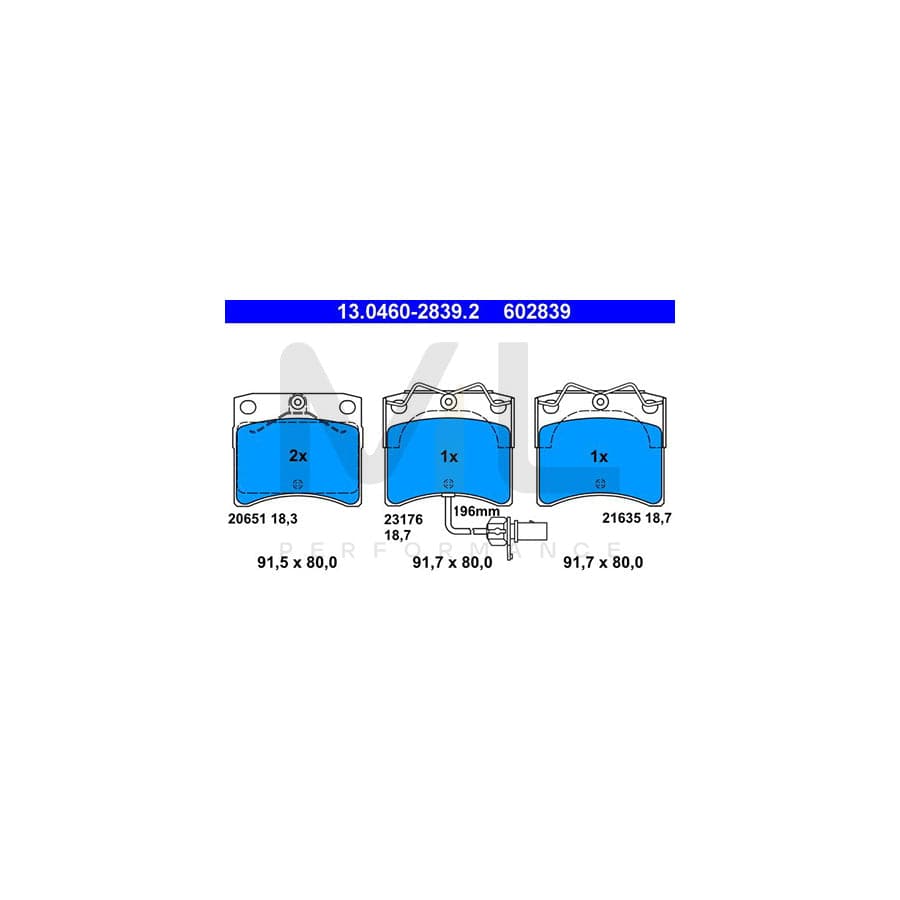 ATE 13.0460-2839.2 Brake pad set for VW TRANSPORTER incl. wear warning contact