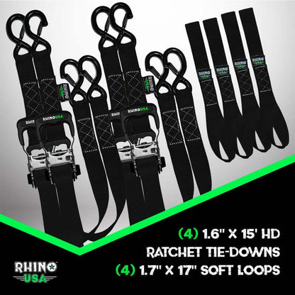 Rhino USA Heavy Duty Ratchet Tie-Down 4-Pack Black 1.6In X 15Ft
