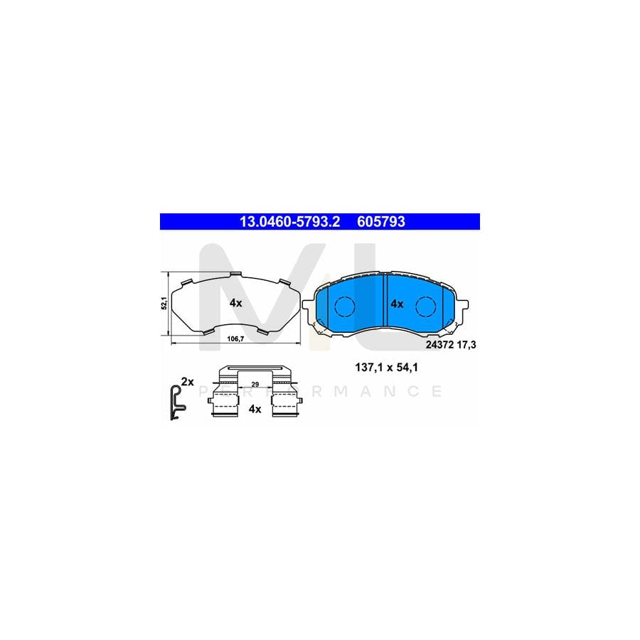 ATE 13.0460-5793.2 Brake pad set with acoustic wear warning, with anti-squeak plate, with accessories