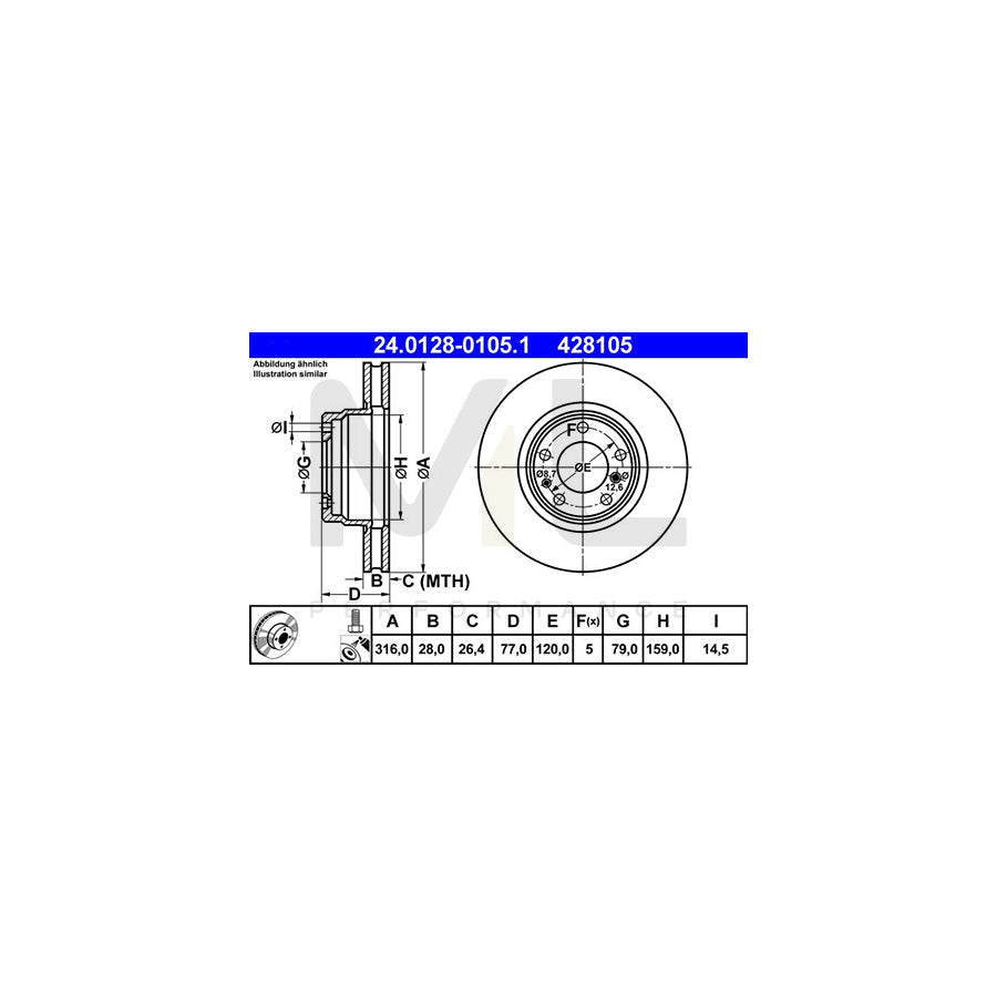 ATE 24.0128-0105.1 Brake Disc for BMW 7 (E38) Vented, Coated, High-carbon, with bolts/screws  - 1 piece