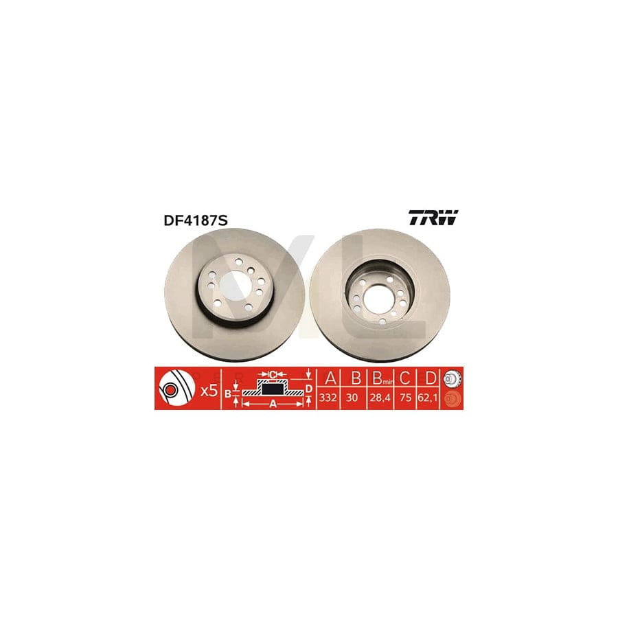 TRW DF4187S Brake Disc Vented, Painted, High-carbon  - 1 piece