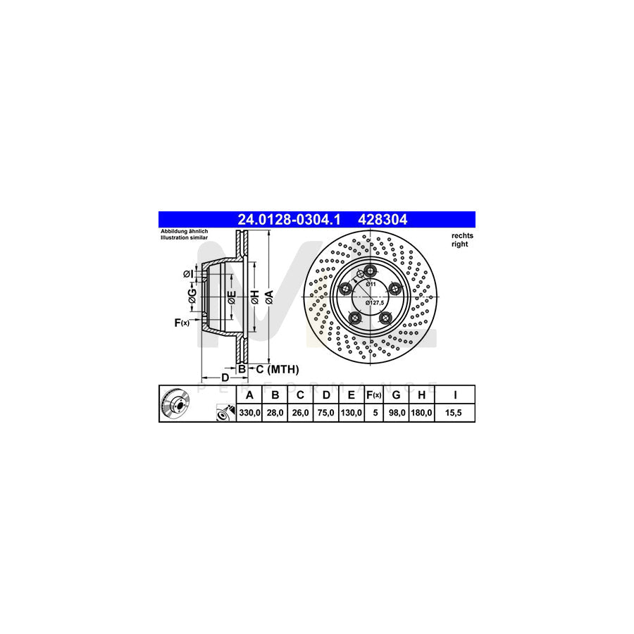 ATE 24.0128-0304.1 Brake Disc for PORSCHE 911 Perforated / Vented, Coated, Alloyed / High-carbon