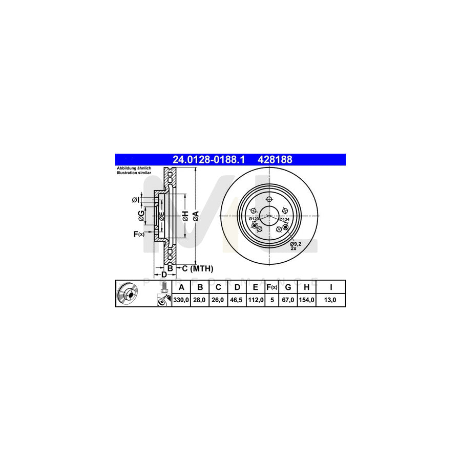 ATE 24.0128-0188.1 Brake Disc Vented, Coated, Alloyed / High-carbon, with bolts/screws  - 1 piece