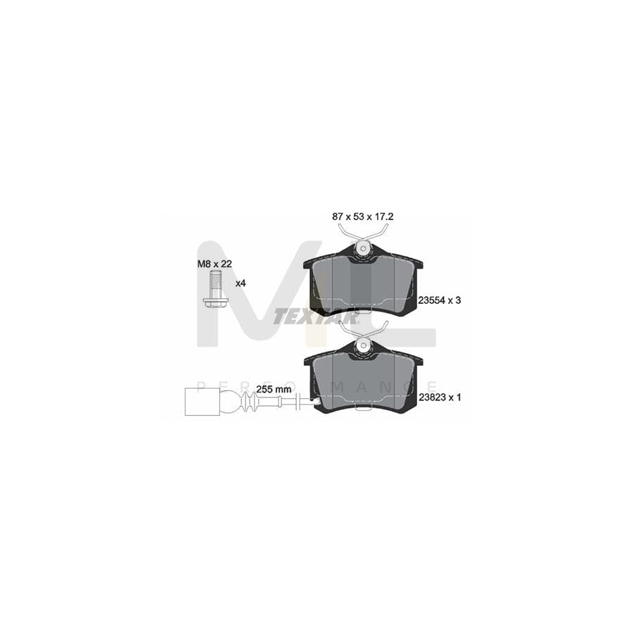 TEXTAR 2382301 Brake pad set incl. wear warning contact, with brake caliper screws