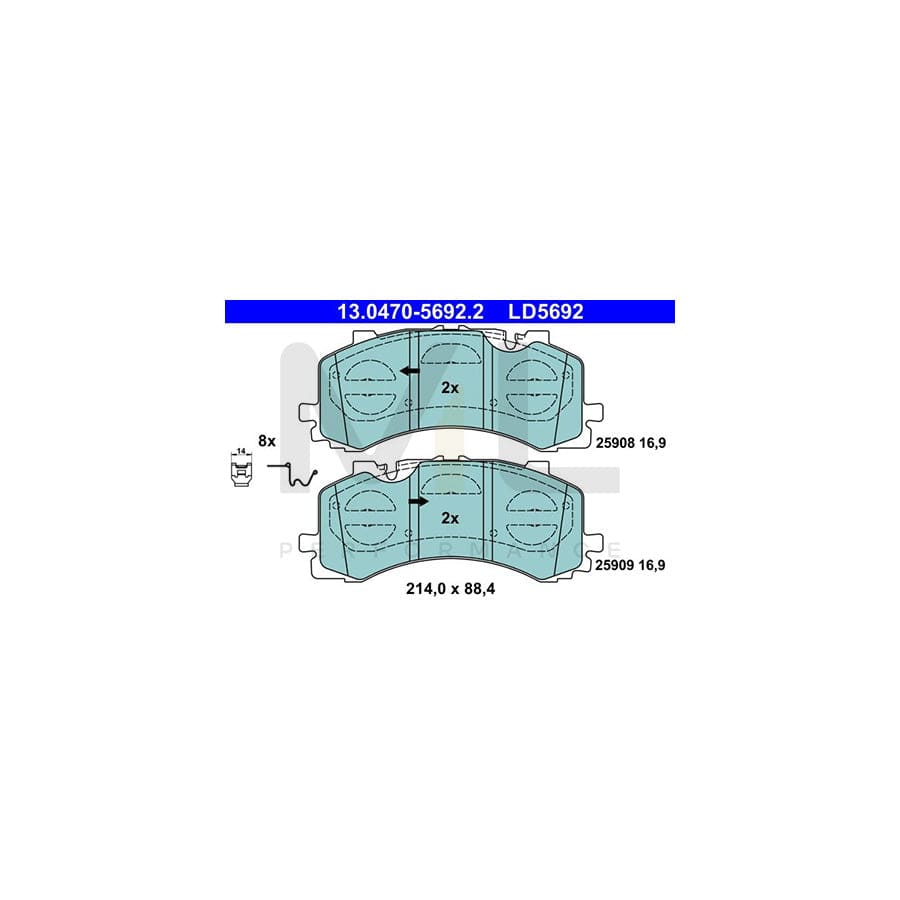 ATE 13.0470-5692.2 Brake pad set excl. wear warning contact, prepared for wear indicator, with accessories