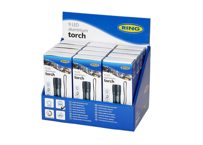 RING RT5158 9 LED Aluminium Torch (Sold only as 12pcs in a counter top display unit)