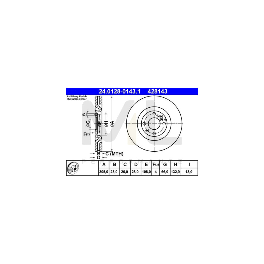 ATE 24.0128-0143.1 Brake Disc for PEUGEOT 406 Coupe Vented  - 1 piece