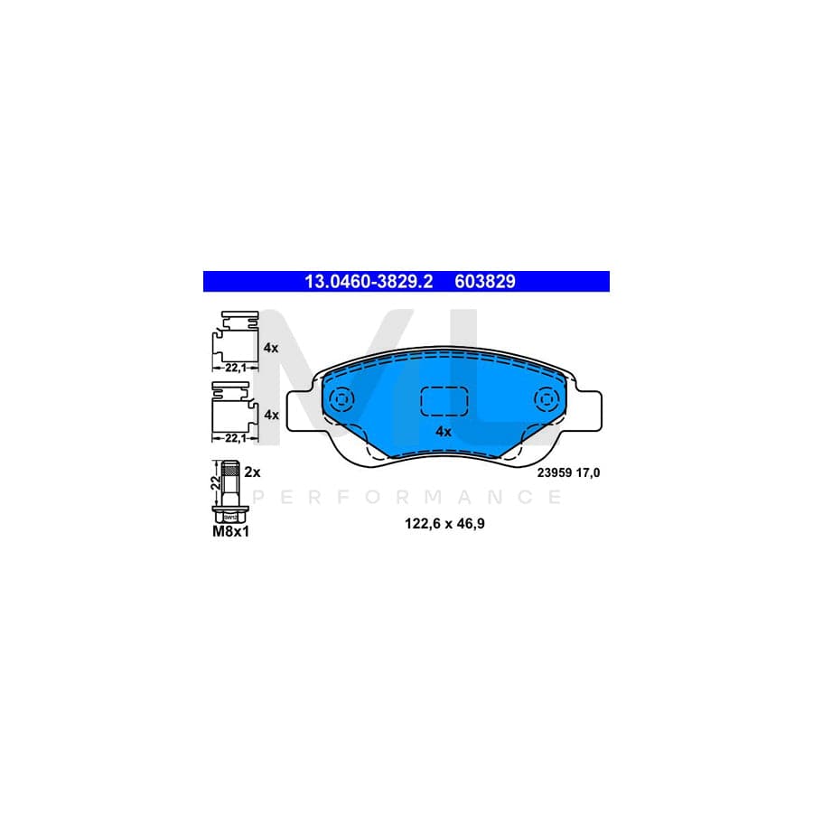 ATE 13.0460-3829.2 Brake pad set excl. wear warning contact, not prepared for wear indicator, with brake caliper screws, with accessories