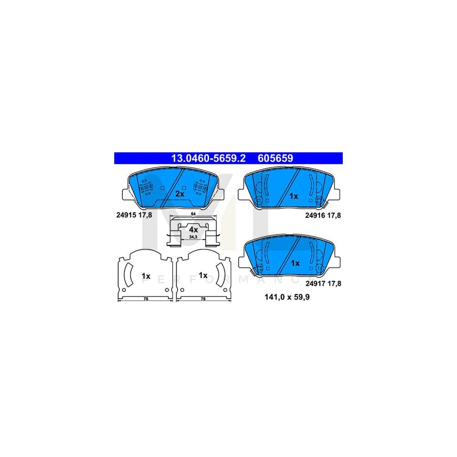 ATE 13.0460-5659.2 Brake pad set with acoustic wear warning, with anti-squeak plate, with accessories