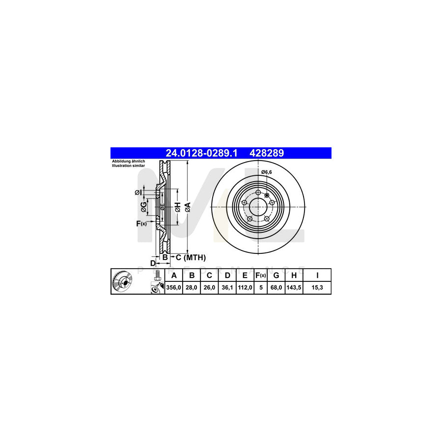 ATE 24.0128-0289.1 Brake Disc for PORSCHE Macan (95B) Vented, Coated, Alloyed / High-carbon, with bolts/screws  - 1 piece
