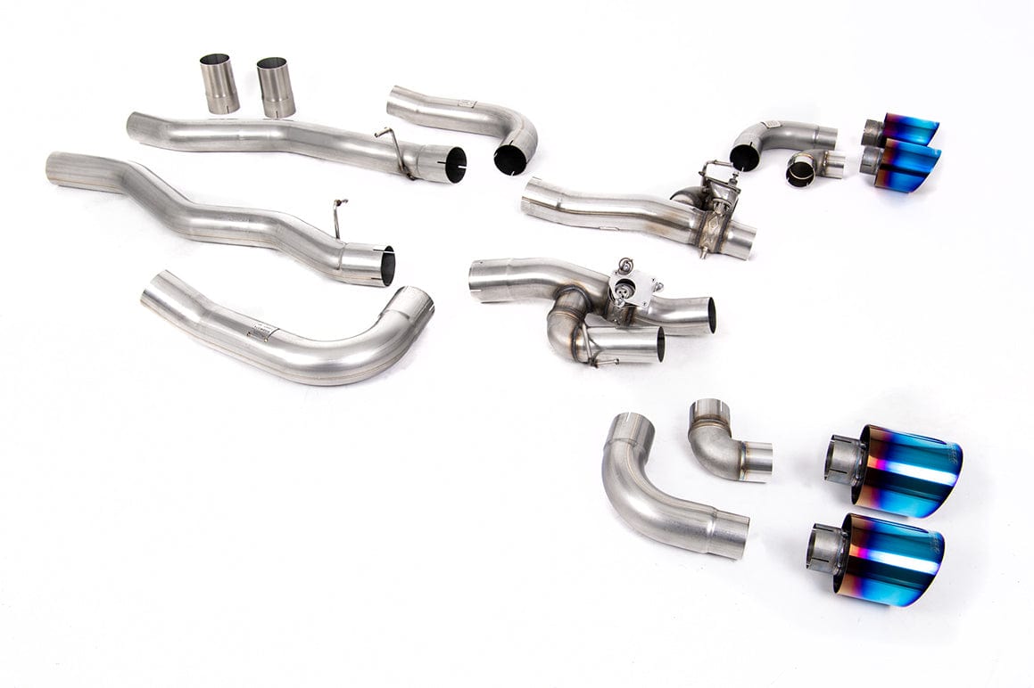 MillTek SSXBM1188 BMW F91 F92 M8 OPF/GPF Back System with valved Rear Silencer Bypass & GT-115 Burnt/Blue Titanium Trims