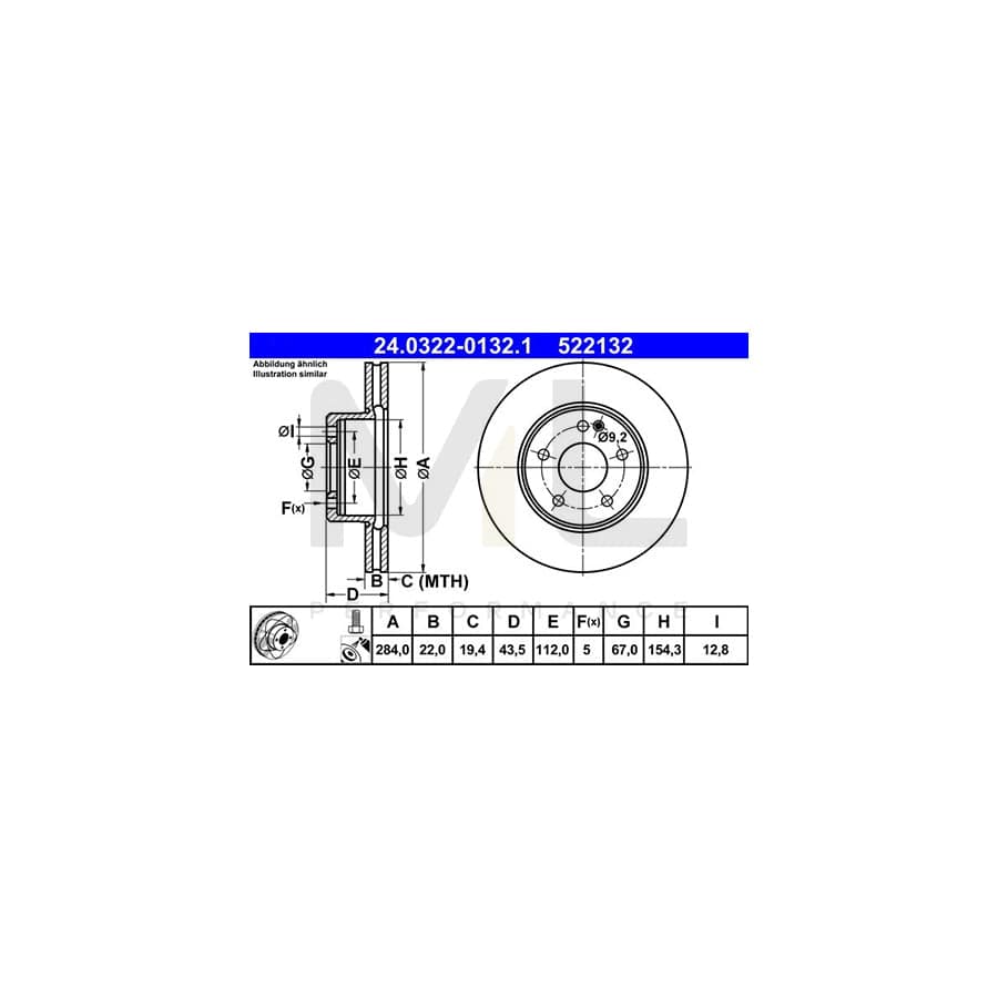 ATE PowerDisc 24.0322-0132.1 Brake Disc suitable for MERCEDES-BENZ C-Class Vented, Coated, Alloyed / High-carbon, with bolts/screws  - 1 piece
