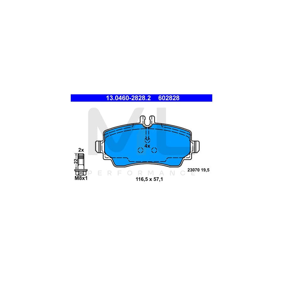 ATE 13.0460-2828.2 Brake pad set suitable for MERCEDES-BENZ Vaneo (W414) excl. wear warning contact, prepared for wear indicator, with brake caliper screws