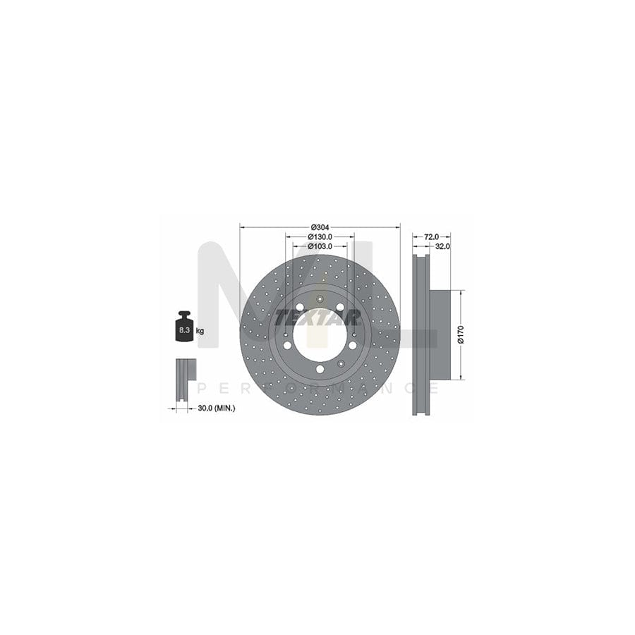 TEXTAR 92076000 Brake Disc for PORSCHE 911 Internally Vented, Perforated, without wheel hub, without wheel studs
