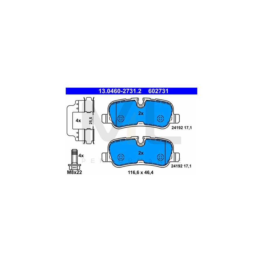 ATE 13.0460-2731.2 Brake pad set excl. wear warning contact, prepared for wear indicator, with brake caliper screws, with accessories