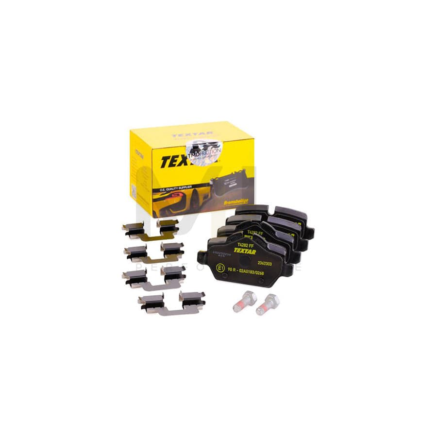 TEXTAR 2362303 Brake pad set prepared for wear indicator, with brake caliper screws, with accessories
