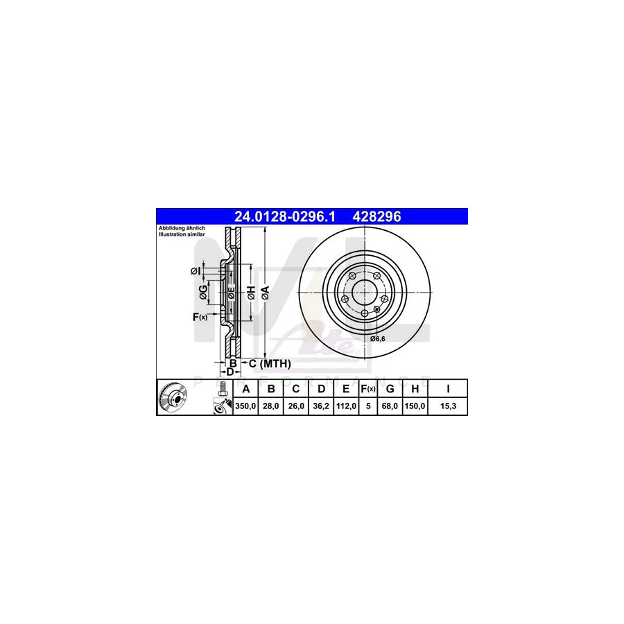 ATE 24.0128-0296.1 Brake Disc Vented, Coated, High-carbon, with bolts/screws  - 1 piece