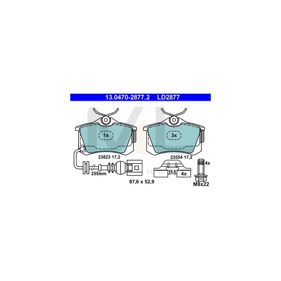 ATE Ceramic 13.0470-2877.2 Brake pad set incl. wear warning contact, with brake caliper screws
