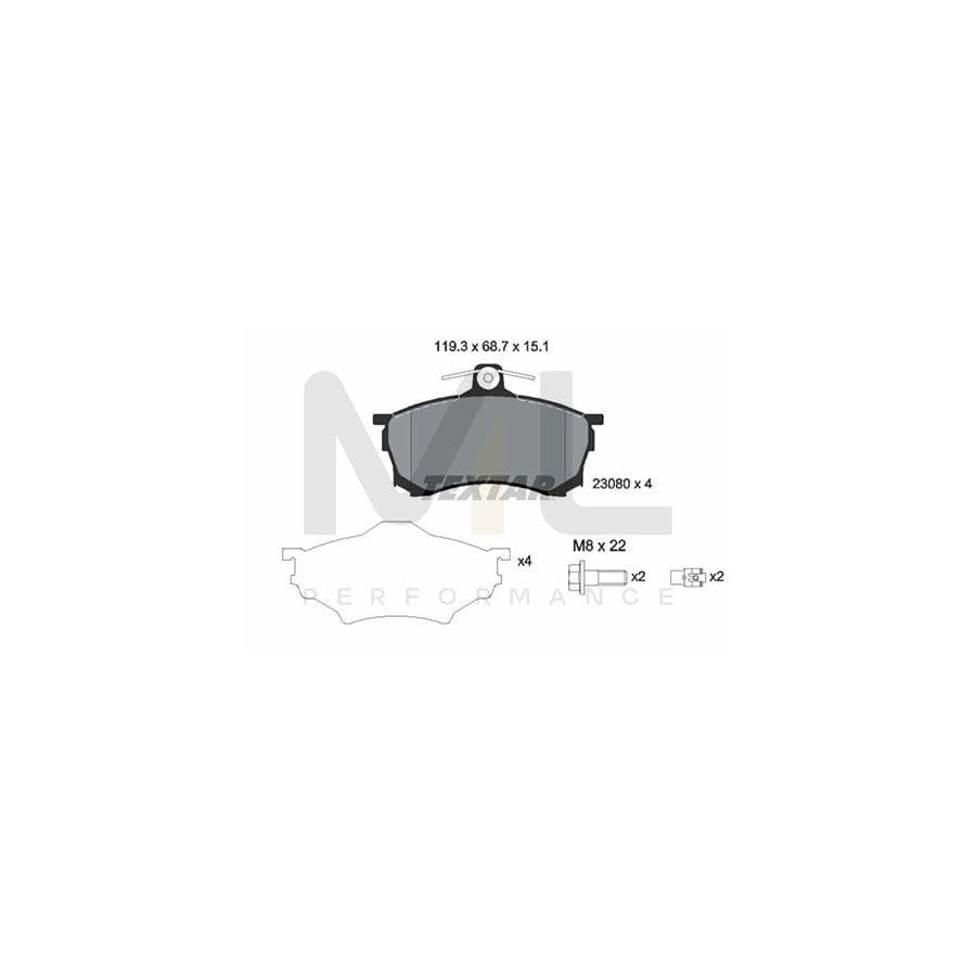 TEXTAR 2308001 Brake pad set for MITSUBISHI CARISMA with acoustic wear warning, with brake caliper screws