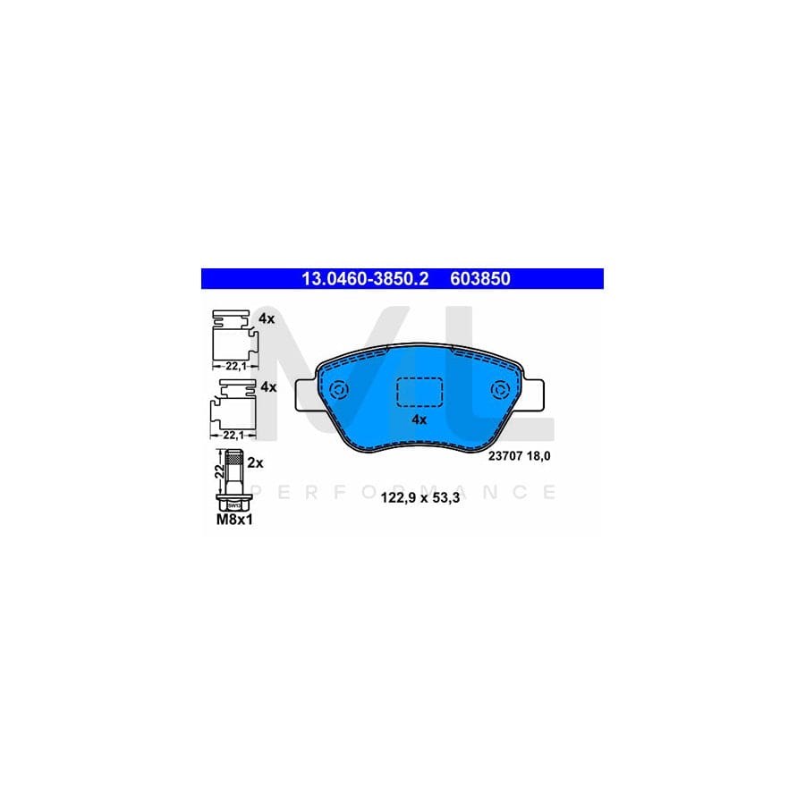 ATE 13.0460-3850.2 Brake pad set excl. wear warning contact, not prepared for wear indicator, with brake caliper screws, with accessories