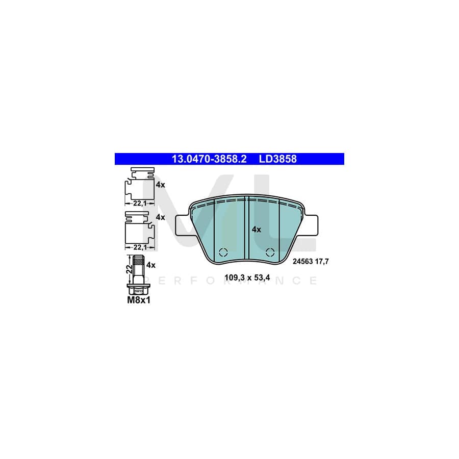 ATE Ceramic 13.0470-3858.2 Brake pad set excl. wear warning contact, not prepared for wear indicator, with brake caliper screws, with accessories