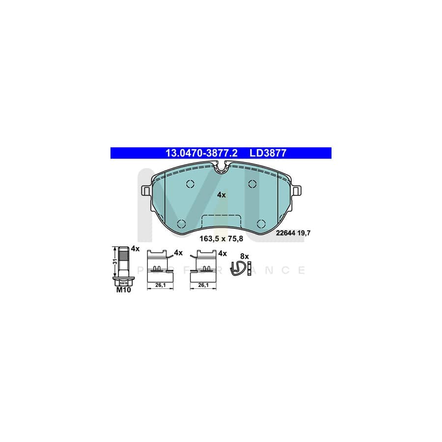 ATE 13.0470-3877.2 Brake pad set for VW AMAROK excl. wear warning contact, prepared for wear indicator, with brake caliper screws, with accessories