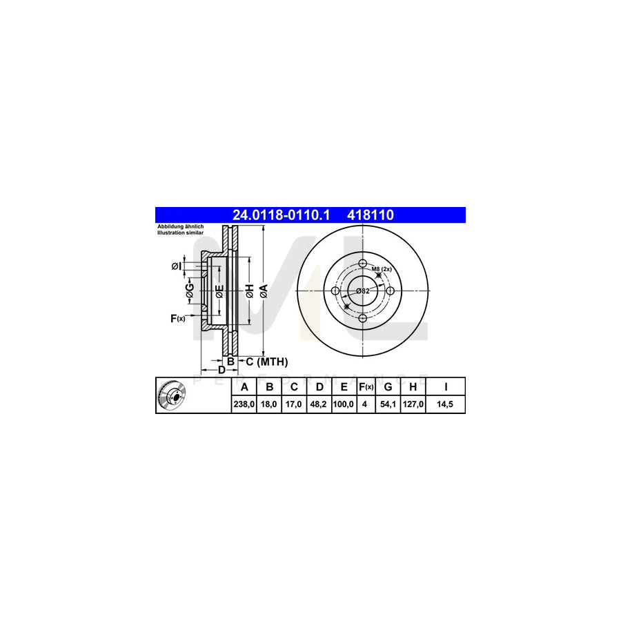 ATE 24.0118-0110.1 Brake Disc for TOYOTA COROLLA Vented  - 1 piece