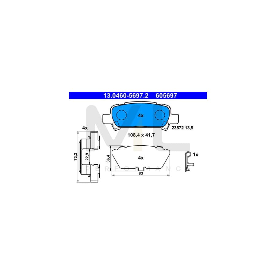 ATE 13.0460-5697.2 Brake pad set with acoustic wear warning, with anti-squeak plate, with accessories