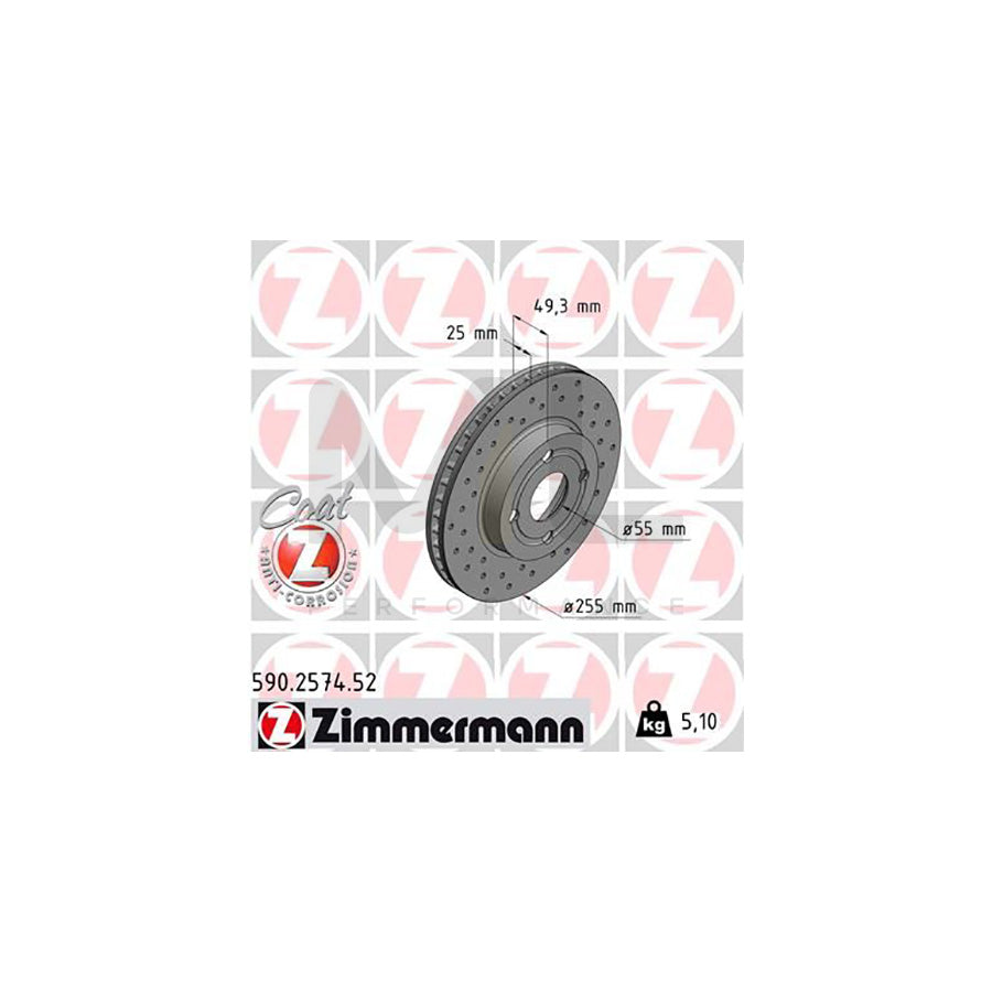 ZIMMERMANN SPORT COAT Z 590.2574.52 Brake Disc for TOYOTA COROLLA Internally Vented, Perforated, Coated, High-carbon  - 1 piece