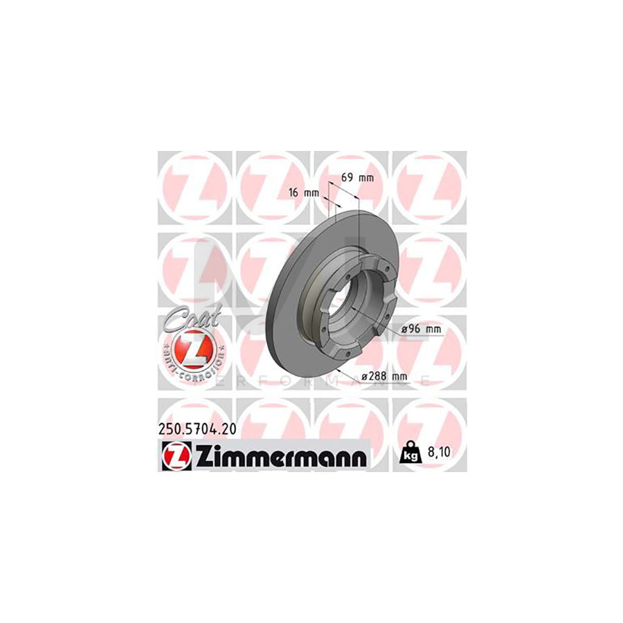 ZIMMERMANN 250.5704.20 Brake Disc for FORD TRANSIT Solid, Coated, with ABS sensor ring, without wheel hub, without wheel studs  - 1 piece