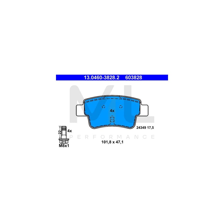 ATE 13.0460-3828.2 Brake pad set excl. wear warning contact, not prepared for wear indicator, with brake caliper screws