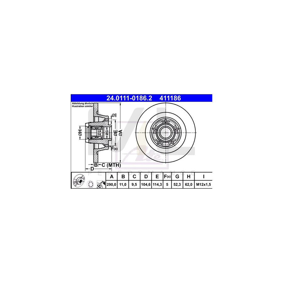 ATE 24.0111-0186.2 Brake Disc for RENAULT Megane III Coupe (DZ) Solid, Coated, with ABS sensor ring, with wheel bearing  - 1 piece