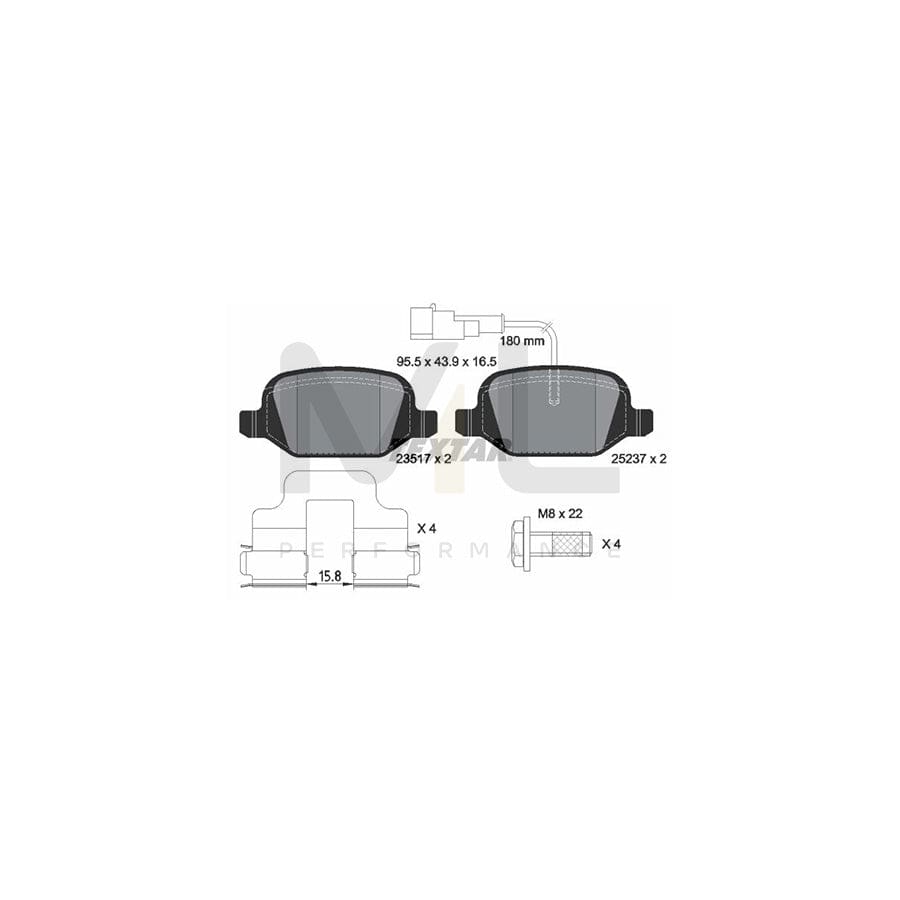 TEXTAR 2351705 Brake pad set for ALFA ROMEO MiTo (955) with integrated wear warning contact, with brake caliper screws, with accessories