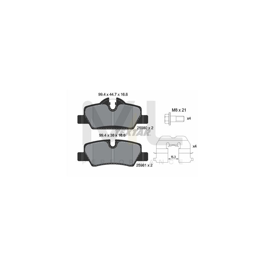 TEXTAR 2598001 Brake pad set prepared for wear indicator, with brake caliper screws, with accessories
