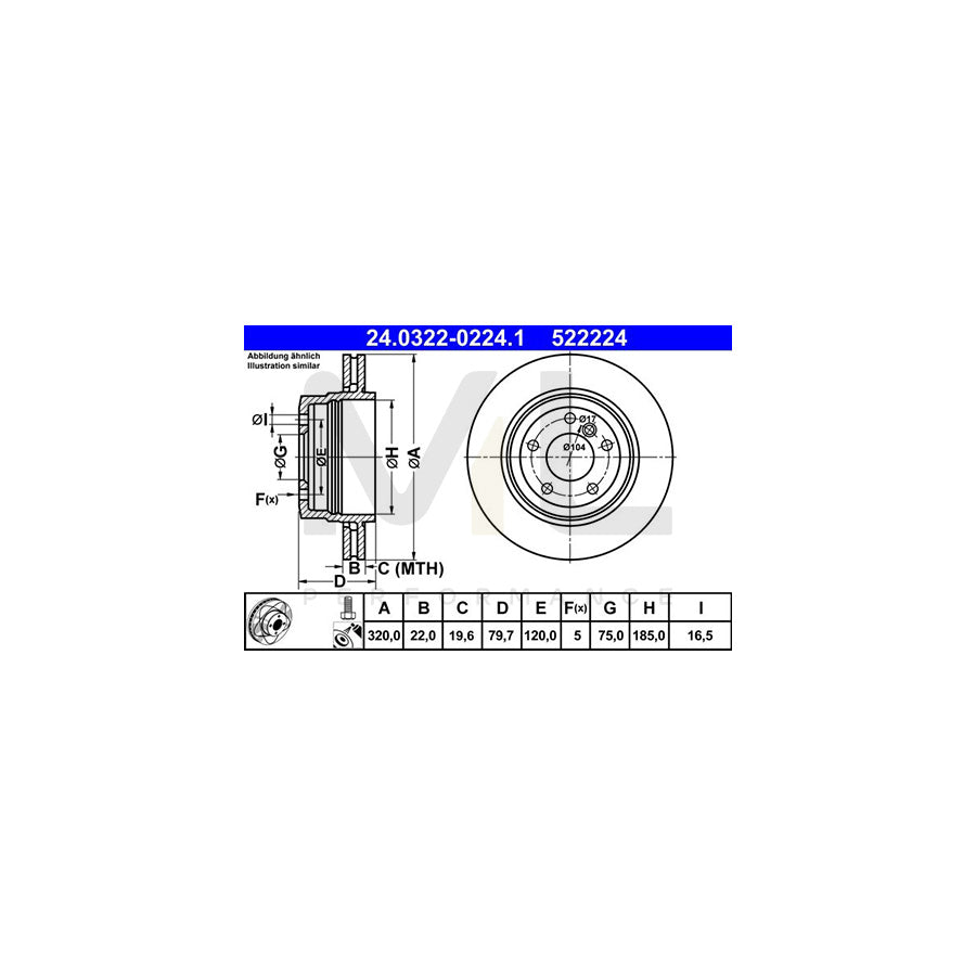 ATE PowerDisc 24.0322-0224.1 Brake Disc for BMW X3 (E83) Vented, Coated, High-carbon, with bolts/screws  - 1 piece