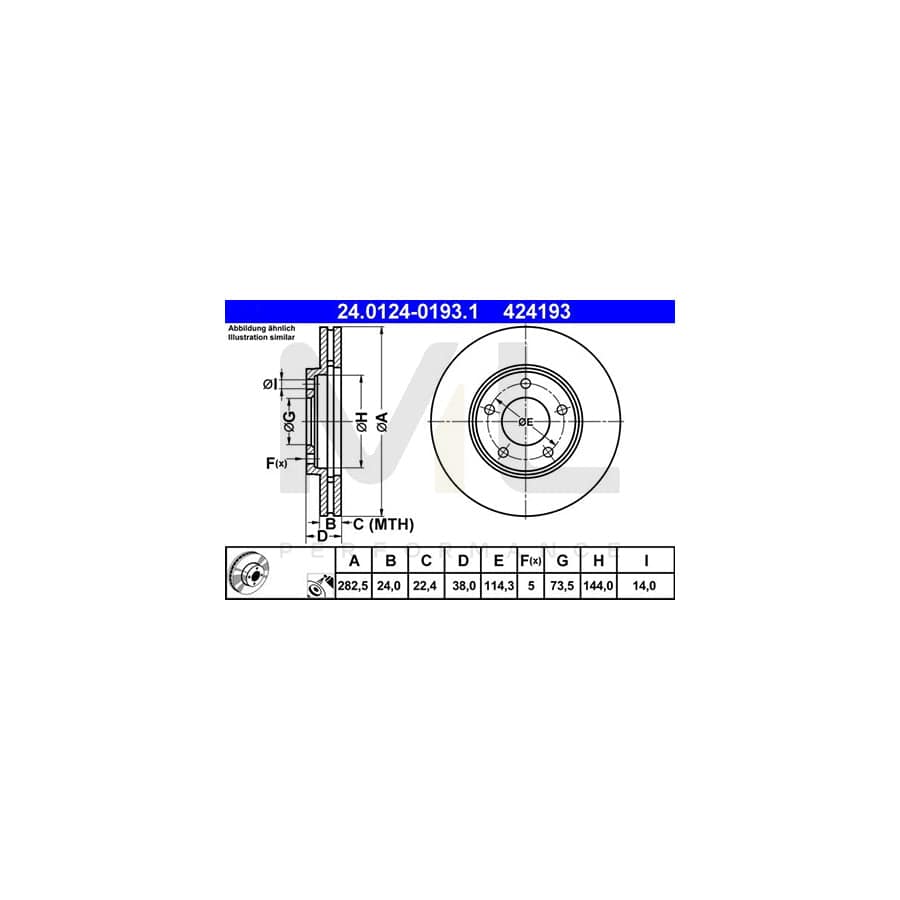 ATE 24.0124-0193.1 Brake Disc for CHRYSLER Voyager II (ES) Vented, Coated  - 1 piece
