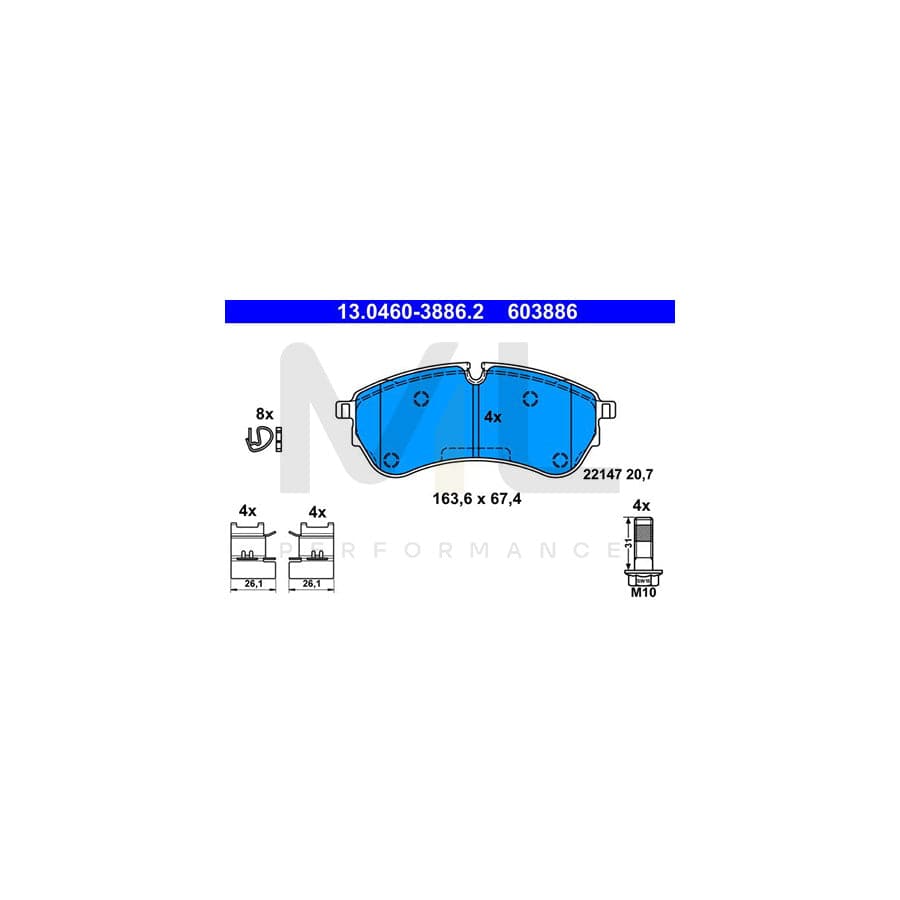 ATE 13.0460-3886.2 Brake pad set excl. wear warning contact, prepared for wear indicator, with brake caliper screws, with accessories