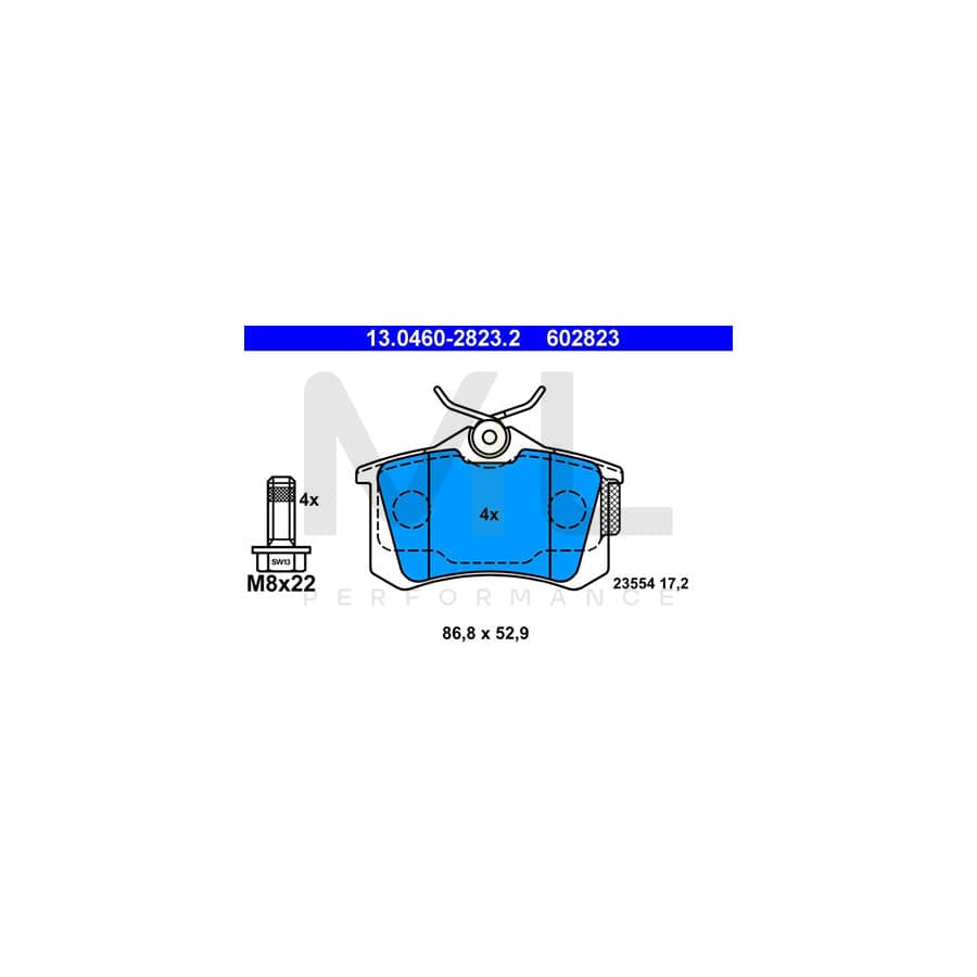 ATE 13.0460-2823.2 Brake pad set excl. wear warning contact, with brake caliper screws