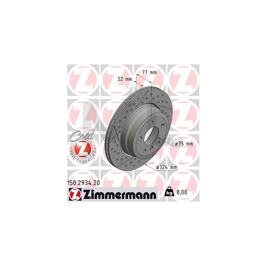 ZIMMERMANN COAT Z 150.2934.20 Brake Disc for BMW 1 Series Drilled dimples, Internally Vented, Slotted, Coated, High-carbon  - 1 piece