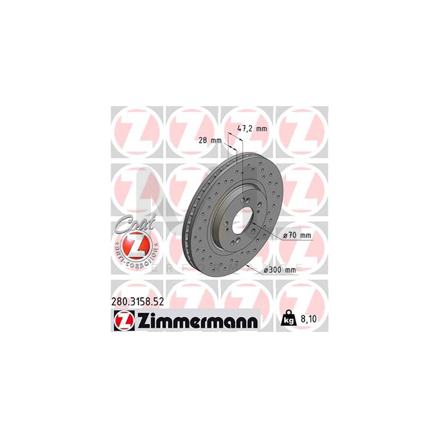 ZIMMERMANN SPORT COAT Z 280.3158.52 Brake Disc for HONDA Accord VI Saloon (CK, CG, CH, CF8) Internally Vented, Perforated, Coated  - 1 piece