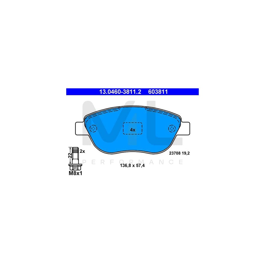 ATE 13.0460-3811.2 Brake pad set excl. wear warning contact, not prepared for wear indicator, with brake caliper screws