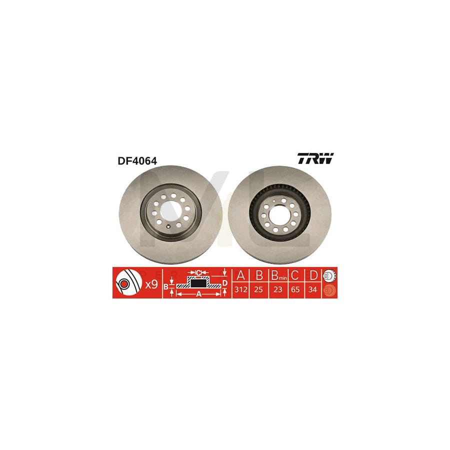 TRW DF4064 Brake Disc Vented, Painted, High-carbon, with bolts/screws  - 1 piece