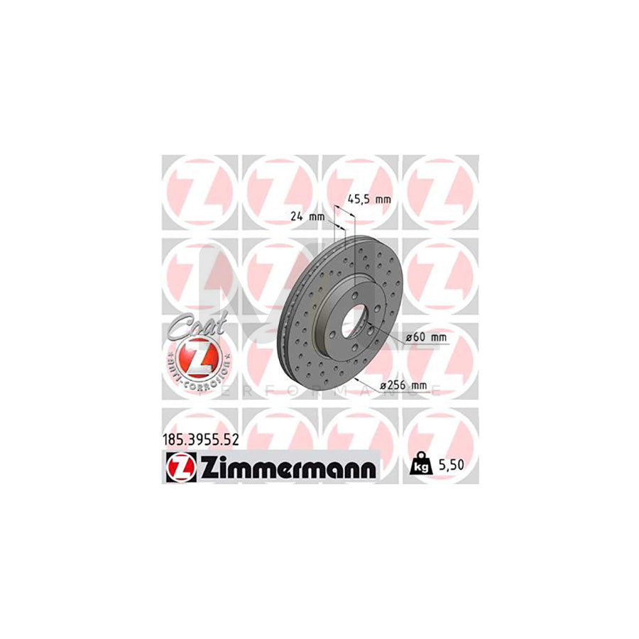 ZIMMERMANN SPORT COAT Z 185.3955.52 Brake Disc for CHEVROLET AVEO Internally Vented, Perforated, Coated  - 1 piece