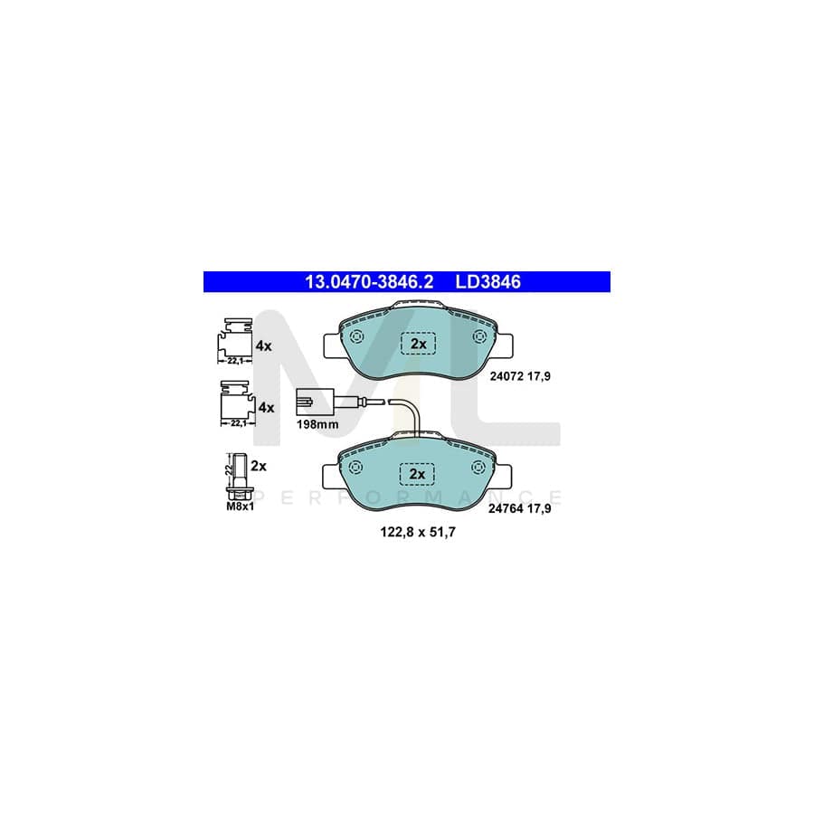 ATE Ceramic 13.0470-3846.2 Brake pad set incl. wear warning contact, with brake caliper screws, with accessories