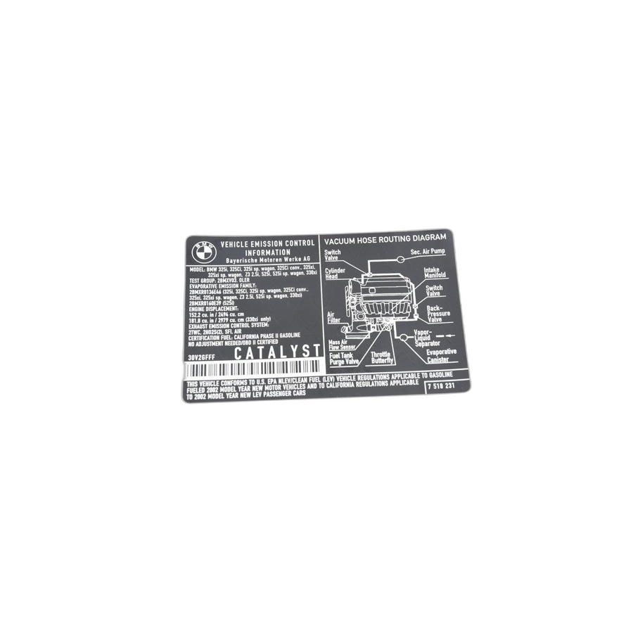 Genuine BMW 71227518231 E36 E39 E46 Label "Exhaust Emission" (Inc. 525i, 330xi & 325xi)