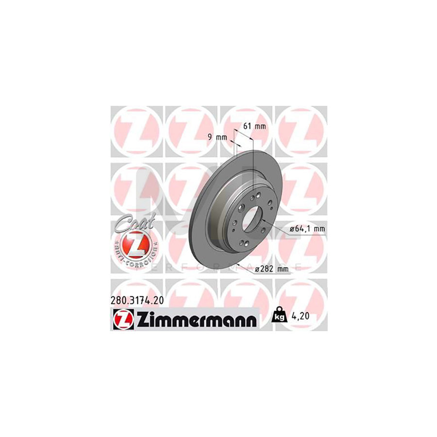 ZIMMERMANN COAT Z 280.3174.20 Brake Disc for HONDA Accord VII Tourer (CM, CN) Solid, Coated  - 1 piece