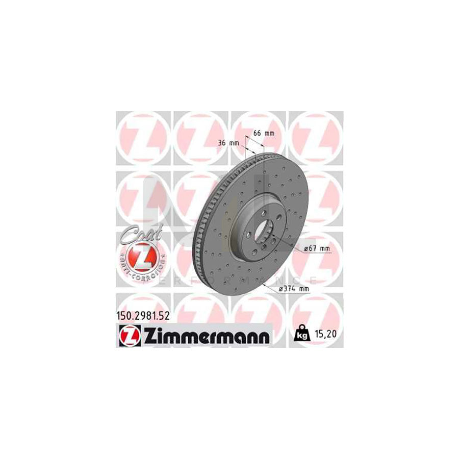 ZIMMERMANN 150.2981.52 Brake Disc for BMW 3 Series Internally Vented, Perforated, Coated, High-carbon